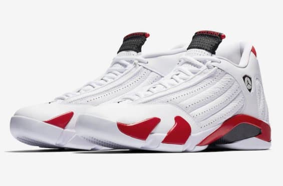 View of white, red, and black Air Jordan shoes.